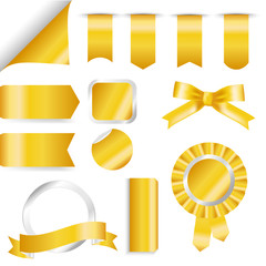 Golden Ribbons, flag and labels Set isolated On White Background. Vector Illustration for your design.