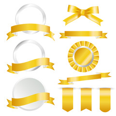 Golden Ribbons, flag and labels Set isolated On White Background. Vector Illustration for your design.