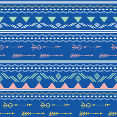 Blue pink tribal arrows seamless pattern. Great for folk modern wallpaper, backgrounds, invitations, packaging design projects. Surface pattern design.