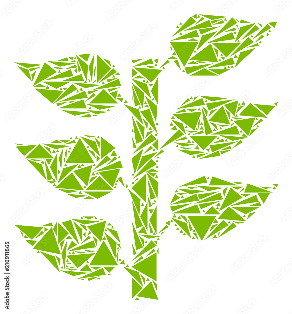 Poster flora plant mosaic of triangle items in different sizes and shapes. vector triangles are combined in