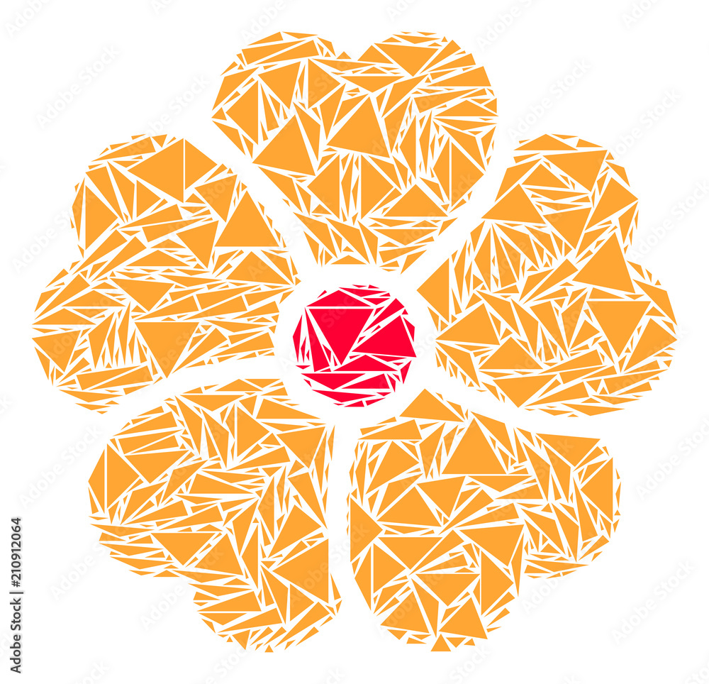 Poster flower collage of triangle items in various sizes and shapes. vector triangles are united into flowe