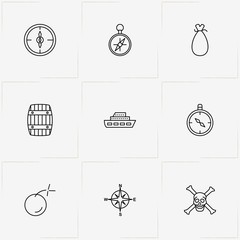 Pirate line icon set with sac, bomb and barrel