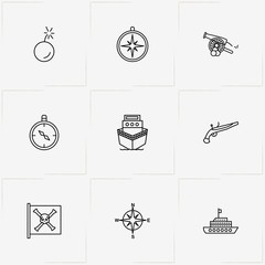 Pirate line icon set with compass, revolver and ship