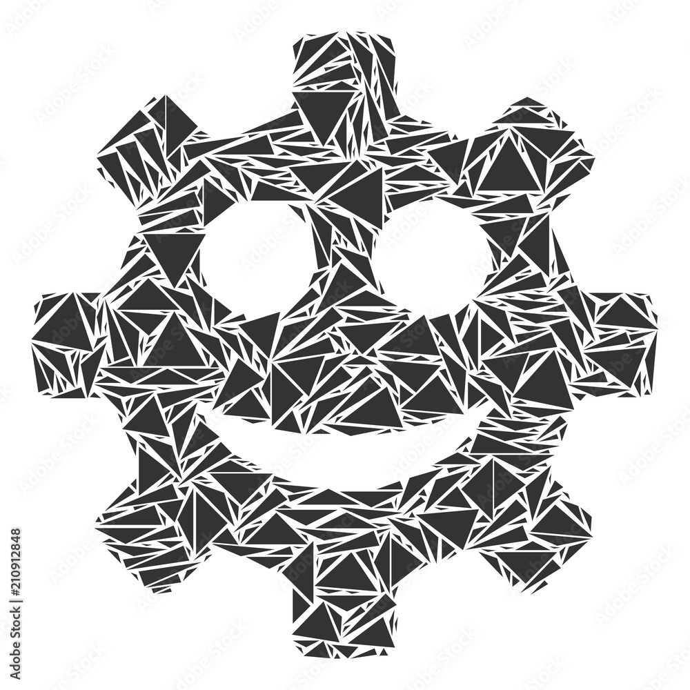 Poster gear smile smiley mosaic of triangle elements in various sizes and shapes. vector polygons are unite