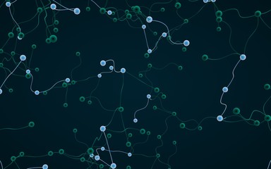 Neural network. Social network. Futuristic dna, deoxyribonucleic acid. Abstract molecule, cell illustration, mycelium. Dark background. 3D illustration