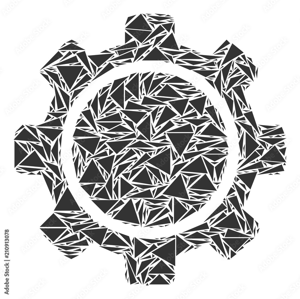 Poster gear mosaic of triangle items in various sizes and shapes. vector polygons are combined into gear mo