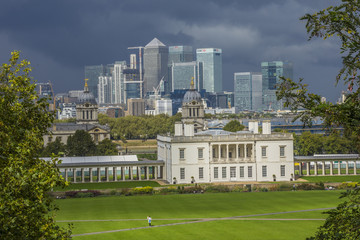 Skyline of the Canary Wharf business district of London. The Royal Naval College is in the foreground.