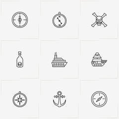 Pirate line icon set with ship, compass and pirate sign