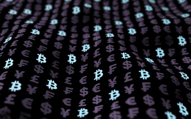 Bitcoin and currency on a dark background. Digital Cryptocurrency symbol. Wave effect, currency market fluctuations. Business concept. 3D illustration. Bit, Coin, mining concept