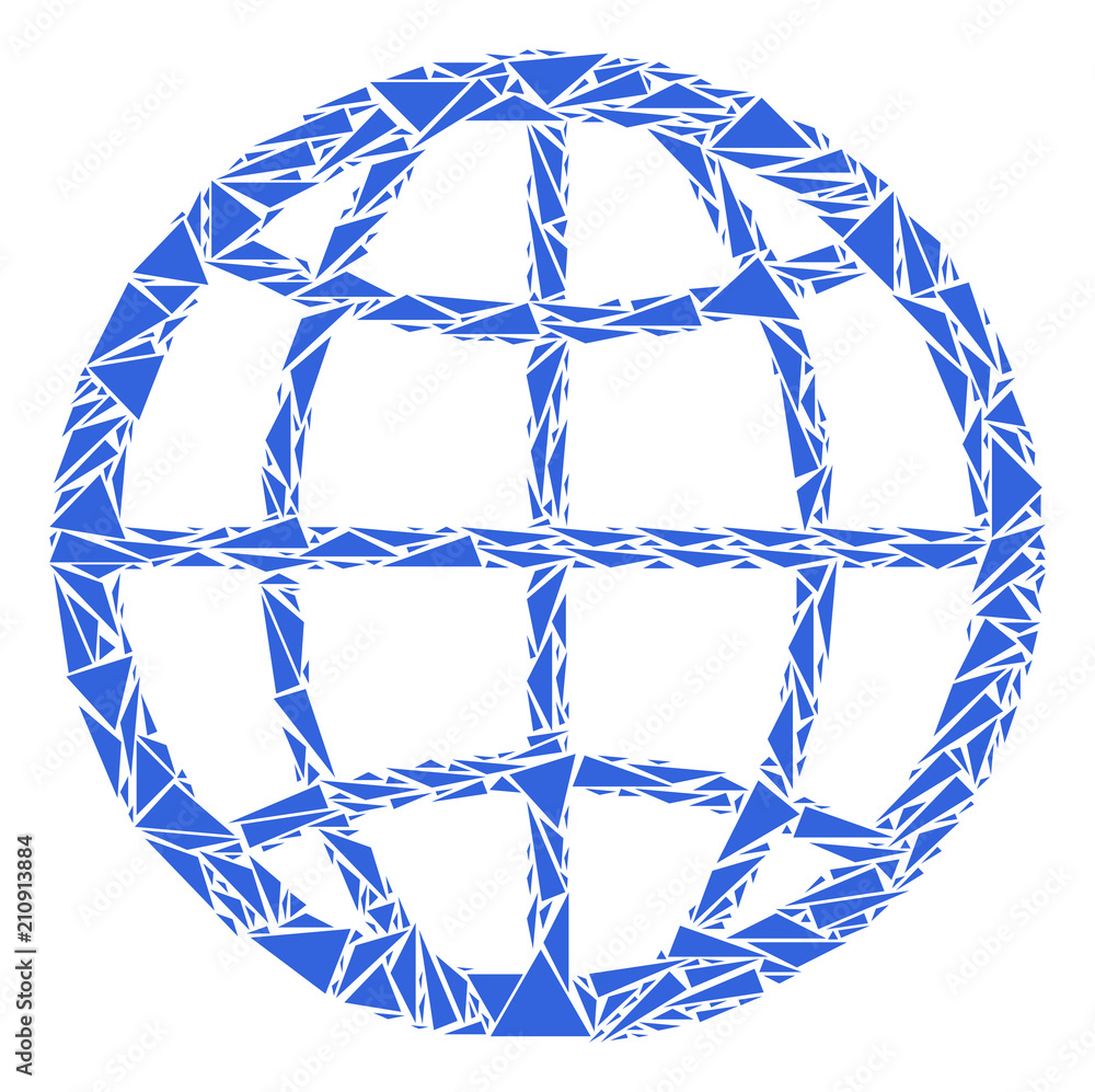 Poster globe collage of triangle elements in various sizes and shapes. vector triangles are united into glo