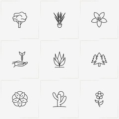 Plants line icon set with flower, cactus and tree