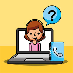 Fototapeta na wymiar woman agent in laptop questions mark customer service