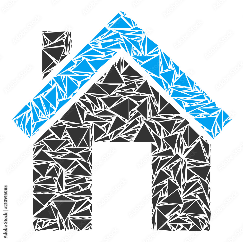 Poster home collage of triangle items in various sizes and shapes. vector triangles are composed into home 