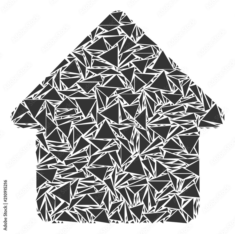Poster house collage of triangle items in various sizes and shapes. vector polygons are united into house c
