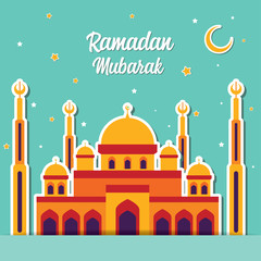 Mosque Flat Illustration. Ramadan Mubarak Greeting Card design with Mosque vector Illustration. Ramadan Mubarak Greeting Card Background. Ramadan Kareem. Flat Design.