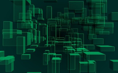 Green and dark abstract digital and technology background. The pattern with repeating rectangles. 3D illustration