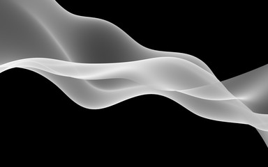 Abstract gray wave. Raster air background. Bright gray ribbon on dark background. Gray scarf. Abstract gray smoke. 3D illustration
