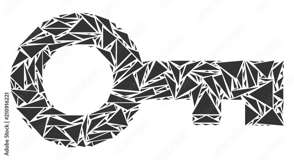 Poster key collage of triangle items in various sizes and shapes. vector triangles are united into key illu