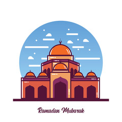 Mosque Vector Illustration. Ramadan mubarak greeting card design with mosque vector illustration. Ramadan Mubarak Greeting card background. Mosque flat illustration. Ramadan Kareem illustration.
