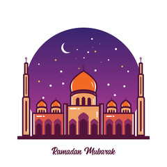 Mosque Vector Illustration. Ramadan mubarak greeting card design with mosque vector illustration. Ramadan Mubarak Greeting card background. Mosque flat illustration. Ramadan Kareem illustration.