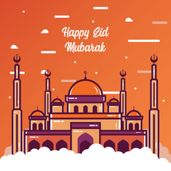 Mosque Vector Illustration. Happy Eid Mubarak greeting card design with mosque vector illustration. Happy Eid Mubarak Greeting card background. Mosque flat illustration. Ramadan Kareem illustration.