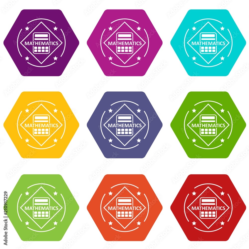 Poster mathematics icons 9 set coloful isolated on white for web