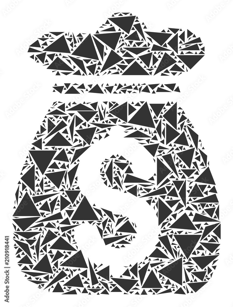 Poster money bag collage of triangle items in various sizes and shapes. vector polygons are organized into 
