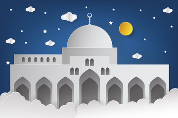 Mosque Vector Illustration. Mosque Paper Art Style. Ramadan Kareem Paper Art and Craft Style. Islamic Background. Mosque.
