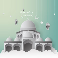 Ramadan Mubarak Greeting Card design with mosque and lantern vector Illustration. Ramadan Mubarak Greeting Card Background. Mosque Vector Illustration. Paper art and craft style. Ramadan Kareem.