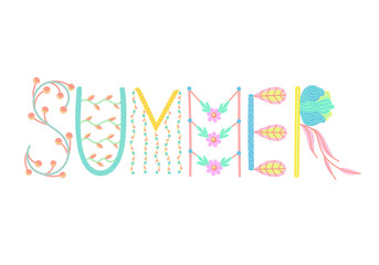 Summer. Creative hand drawn lettering with floral decorations. Summertime. Doodle. Season of rest and travel. It can be used for poster, banner, card, invitation, sale. Vector illustration, eps10