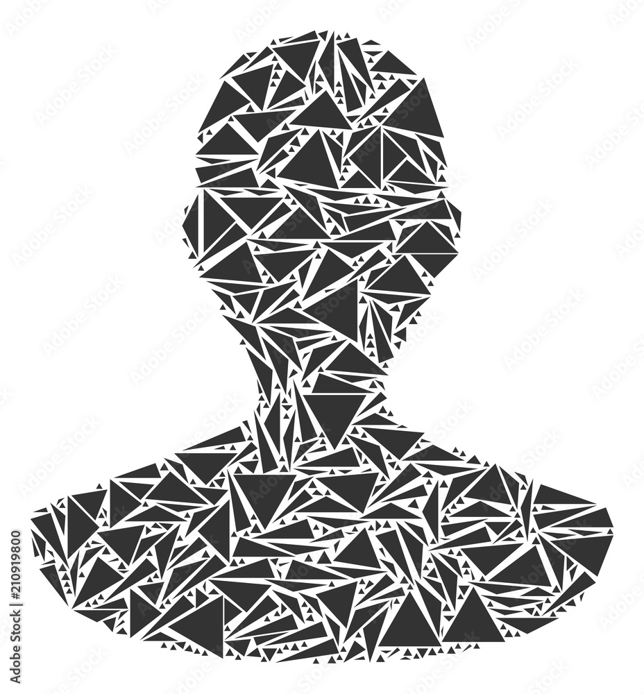 Poster person mosaic of triangle elements in various sizes and shapes. vector triangles are united into per