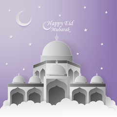 Happy Eid Mubarak Greeting Card design with mosque and lantern vector Illustration. Happy Eid Mubarak Greeting Card Background. Mosque Paper art Illustration. Paper art and craft style.