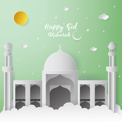 Happy Eid Mubarak Greeting Card design with mosque and lantern vector Illustration. Happy Eid Mubarak Greeting Card Background. Mosque Paper art Illustration. Paper art and craft style.