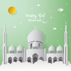 Happy Eid Mubarak Greeting Card design with mosque and lantern vector Illustration. Happy Eid Mubarak Greeting Card Background. Mosque Paper art Illustration. Paper art and craft style.