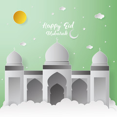Happy Eid Mubarak Greeting Card design with mosque and lantern vector Illustration. Happy Eid Mubarak Greeting Card Background. Mosque Paper art Illustration. Paper art and craft style.