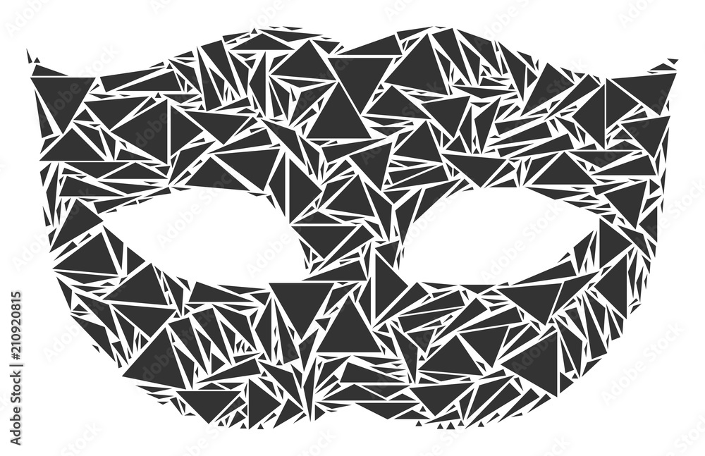 Poster privacy mask mosaic of triangle items in different sizes and shapes. vector polygons are united into