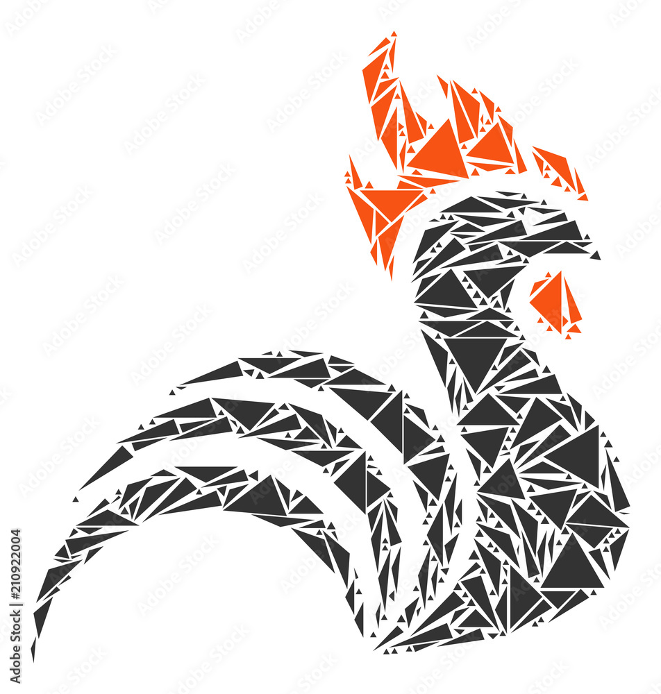 Poster rooster collage of triangle items in different sizes and shapes. vector polygons are united into roo