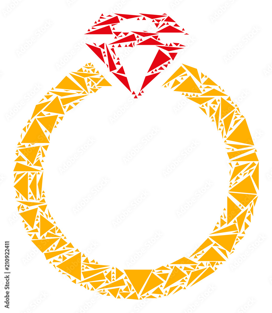 Poster ruby ring mosaic of triangle items in variable sizes and shapes. vector polygons are organized into 