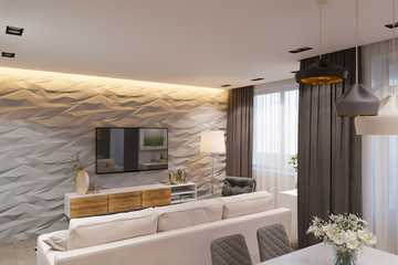 3d render Interior design in Scandinavian style, living room and kitchen