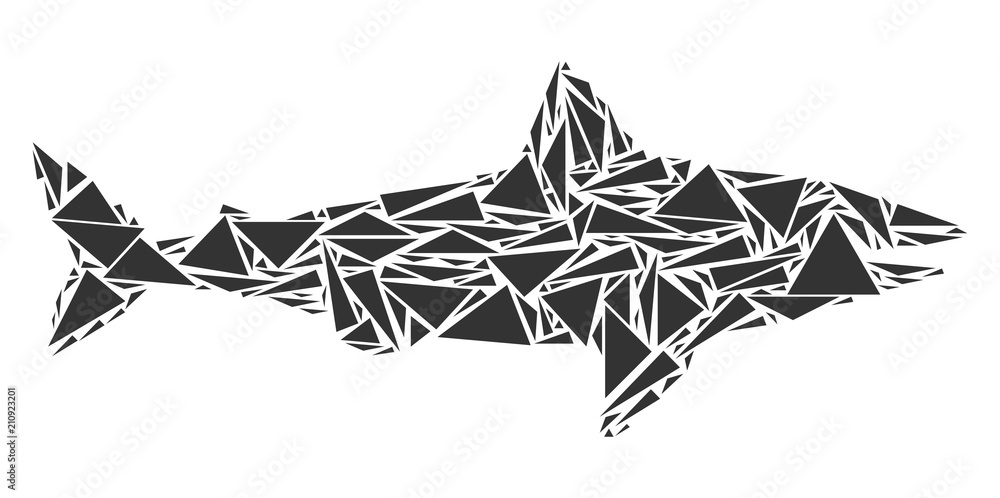 Poster shark collage of triangle items in different sizes and shapes. vector polygons are united into shark