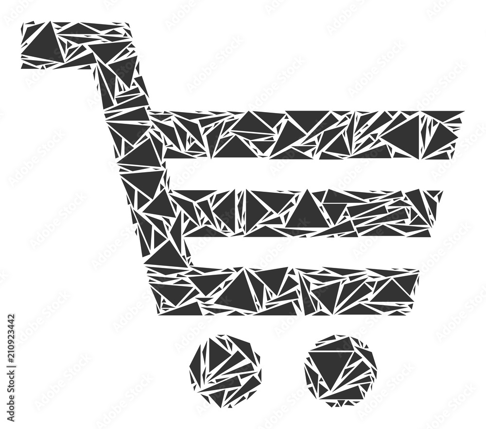 Poster shopping cart mosaic of triangle items in various sizes and shapes. vector polygons are united into 