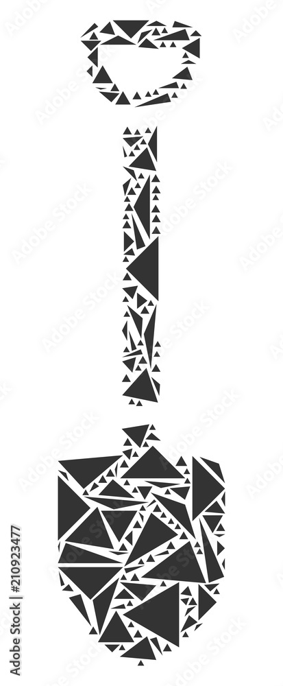 Poster shovel mosaic of triangle items in various sizes and shapes. vector triangles are composed into shov