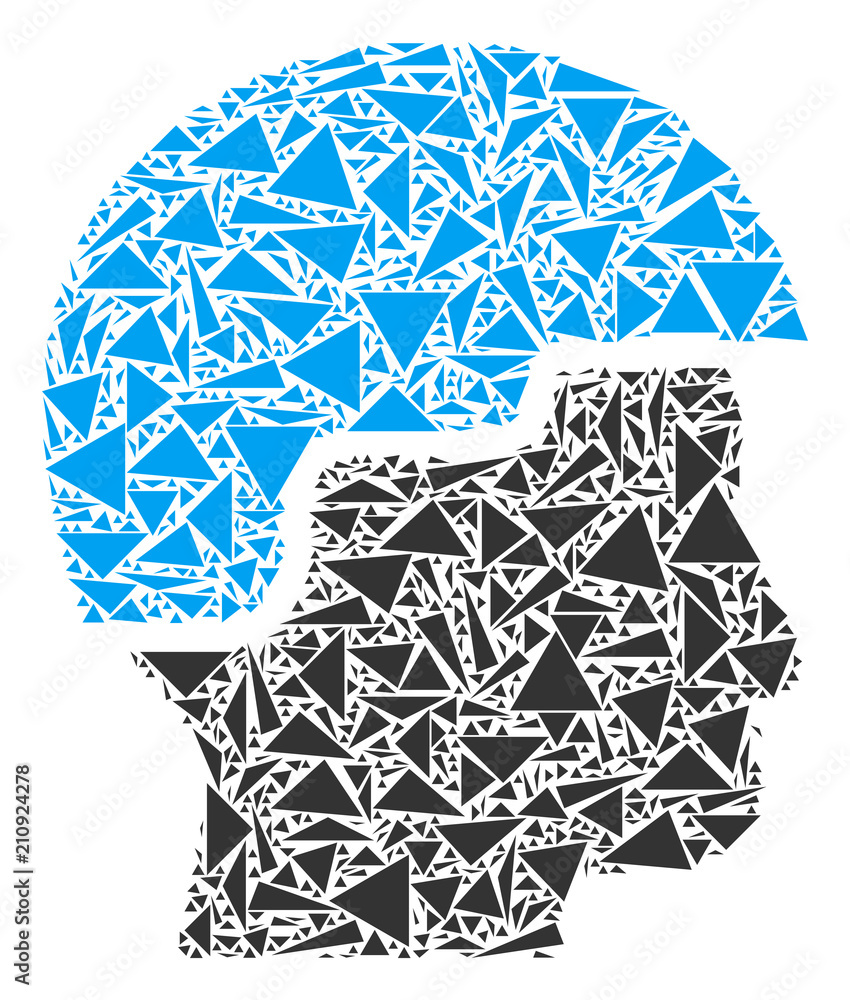 Poster soldier helmet mosaic of triangle elements in various sizes and shapes. vector polygons are arranged
