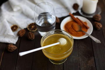 honey and cinnamon on dark wooden background