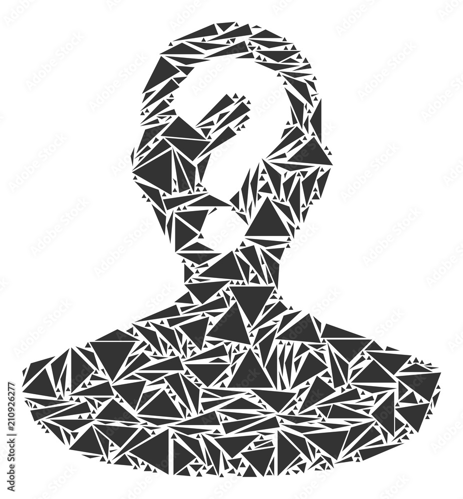Poster unknown person mosaic of triangle items in various sizes and shapes. vector polygons are united into