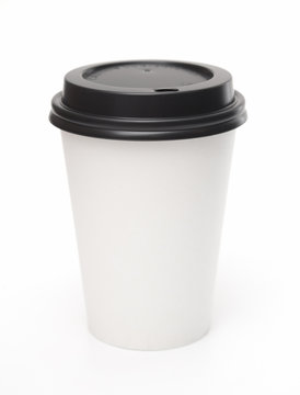 Disposable White Coffee Cup with Black Lid on a White Background