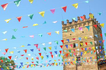 Lubart castle in Lutsk, Ukraine decorated with colorful flags at festival.