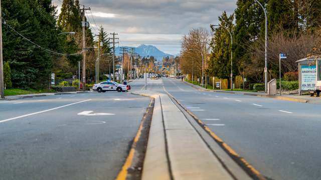Langley, British Columbia, Canada. 04. 06. 2018. Street traffic closed by police due to an accident at the intersection of 200 st. with 56th Ave.