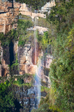 Rainbow at Bridal Veil Falls from Govetts Leap Lookout, Blue Mountains, Australia