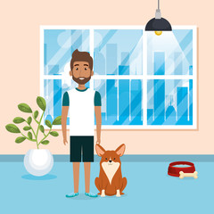 young man with cute mascot in the house vector illustration design